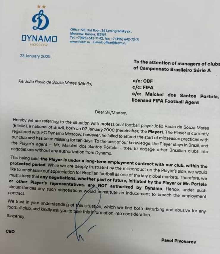 La lettre que le Dynamo a envoyée aux clubs brésiliens a été publiée