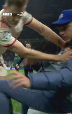 Bollebo fell from his chair after being pushed by the Bayern player at the end of the Champions League match